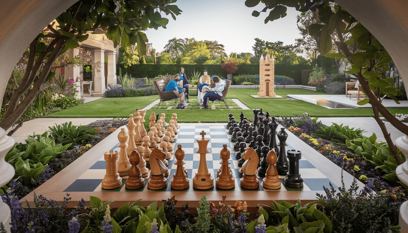 A beautifully landscaped garden with a large wooden chessboard and giant chess pieces, surrounded by lush greenery, colorful flowers, and people playing chess and other oversized garden games.