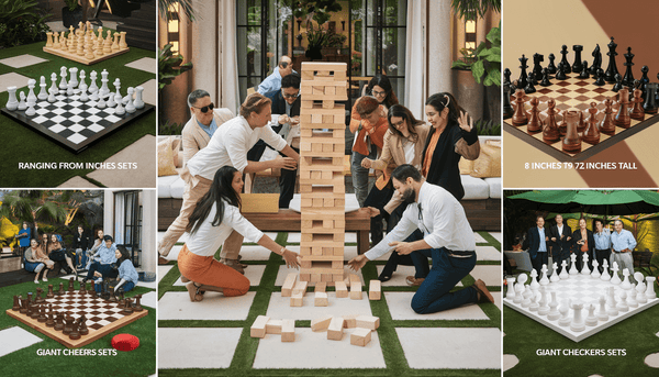 A vibrant outdoor event with diverse people playing giant Jenga, chess, and checkers in a lush garden.